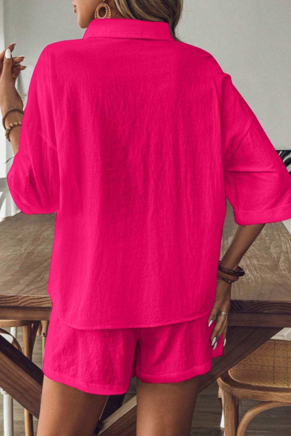 Collared Neck Half Sleeve Top and Shorts Set - Trendsi - Flyclothing LLC