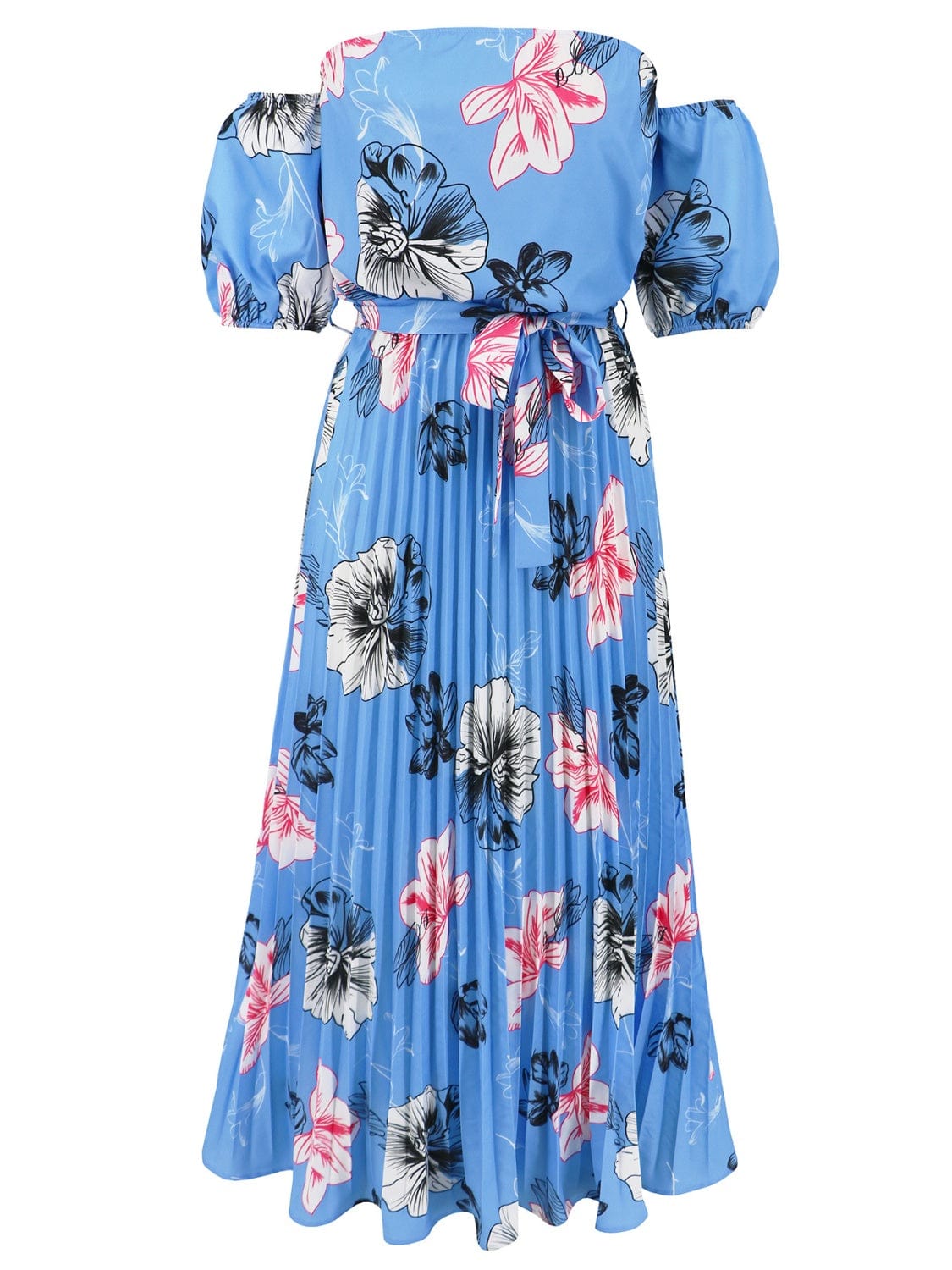 Pleated Floral Off-Shoulder Short Sleeve Midi Dress - Trendsi