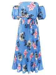Pleated Floral Off-Shoulder Short Sleeve Midi Dress - Trendsi