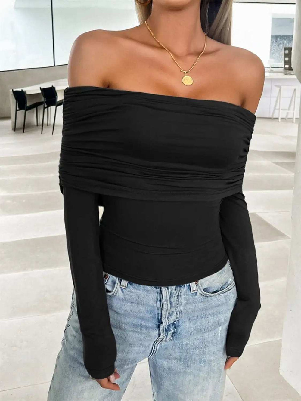 Ruched Off-Shoulder Long Sleeve T-Shirt - Trendsi - Flyclothing LLC