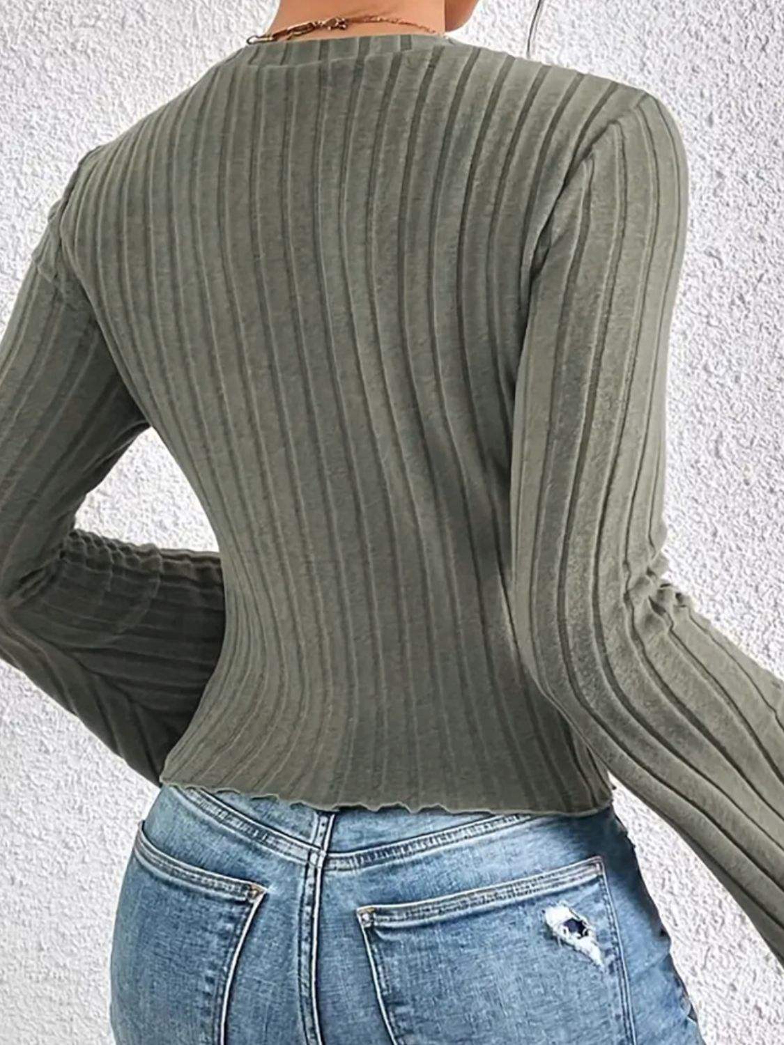 Ribbed Round Neck Flare Sleeve T-Shirt - Trendsi - Flyclothing LLC