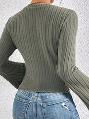 Ribbed Round Neck Flare Sleeve T-Shirt - Trendsi