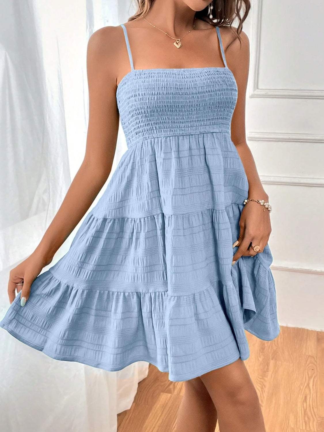 Smocked Tiered Sleeveless Mini Dress - Trendsi - Flyclothing LLC