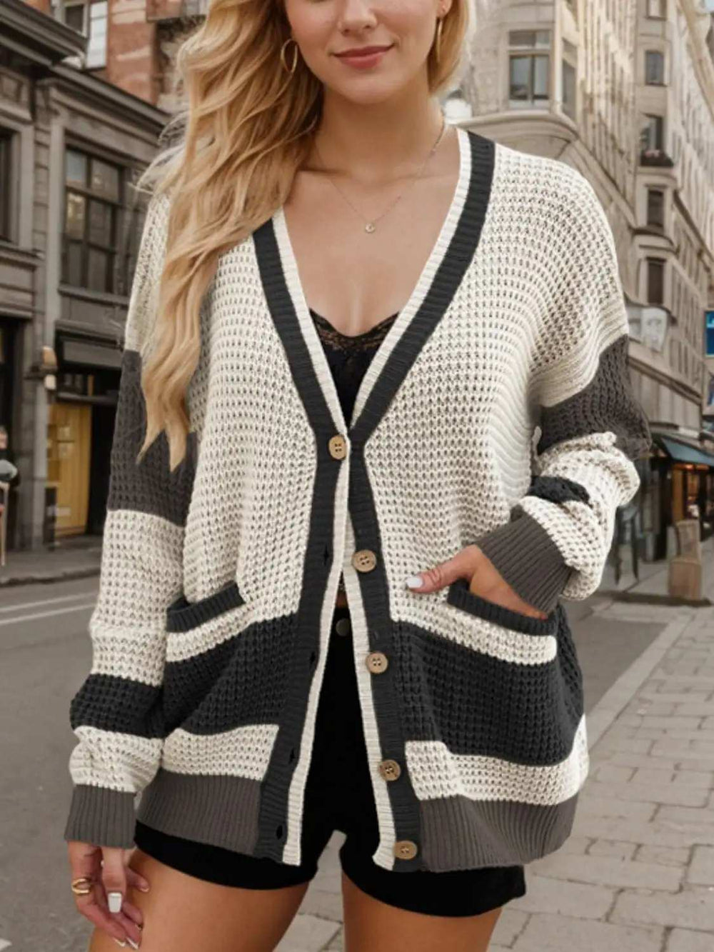 Contrast Button Up Long Sleeve Cardigan - Trendsi - Flyclothing LLC