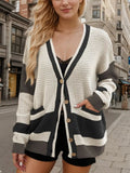 Contrast Button Up Long Sleeve Cardigan - Trendsi