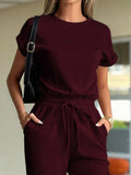 Round Neck Short Sleeve Top and Pants Set - Trendsi - Flyclothing LLC