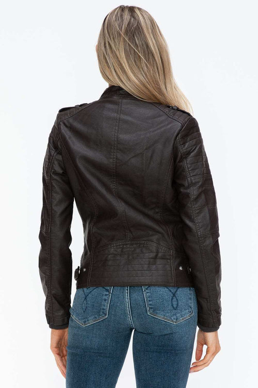 Snobbish PU Leather Biker Jacket with Side Zip Pockets - Trendsi - Flyclothing LLC