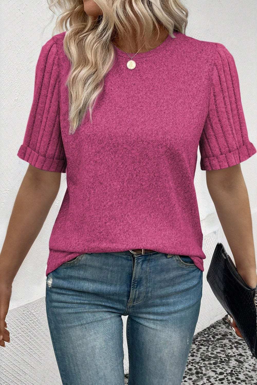 Round Neck Short Sleeve T-Shirt - Trendsi - Flyclothing LLC