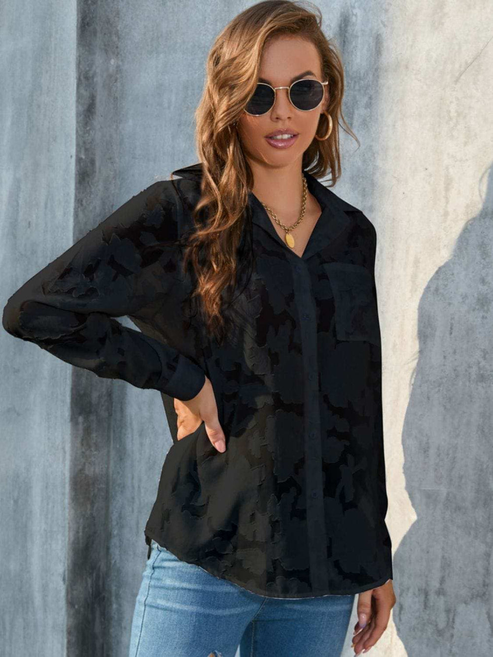 Full Size Collared Neck Long Sleeve Shirt Plus Size - Trendsi - Flyclothing LLC
