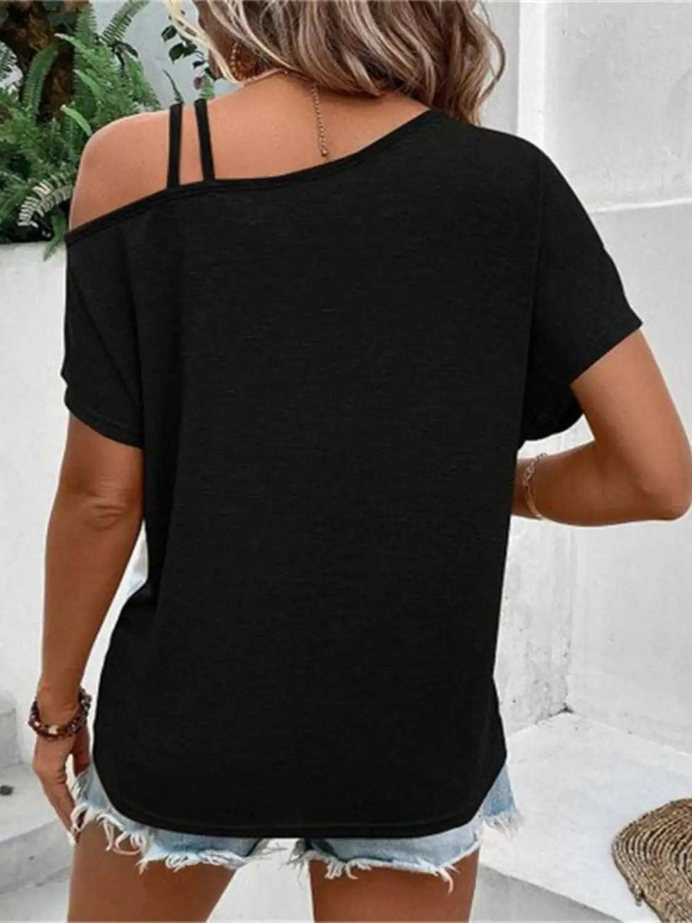 Contrast Asymmetrical Neck Short Sleeve T-Shirt - Trendsi - Flyclothing LLC