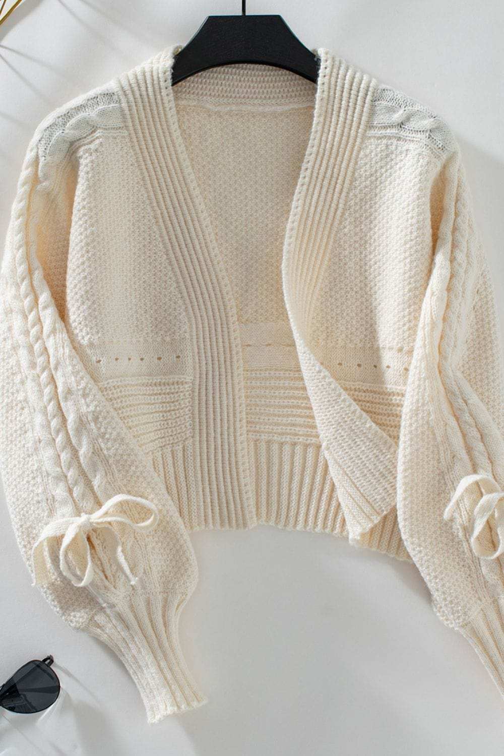 Cable-Knit Tied Open Front Lantern Sleeve Cardigan - Trendsi - Flyclothing LLC