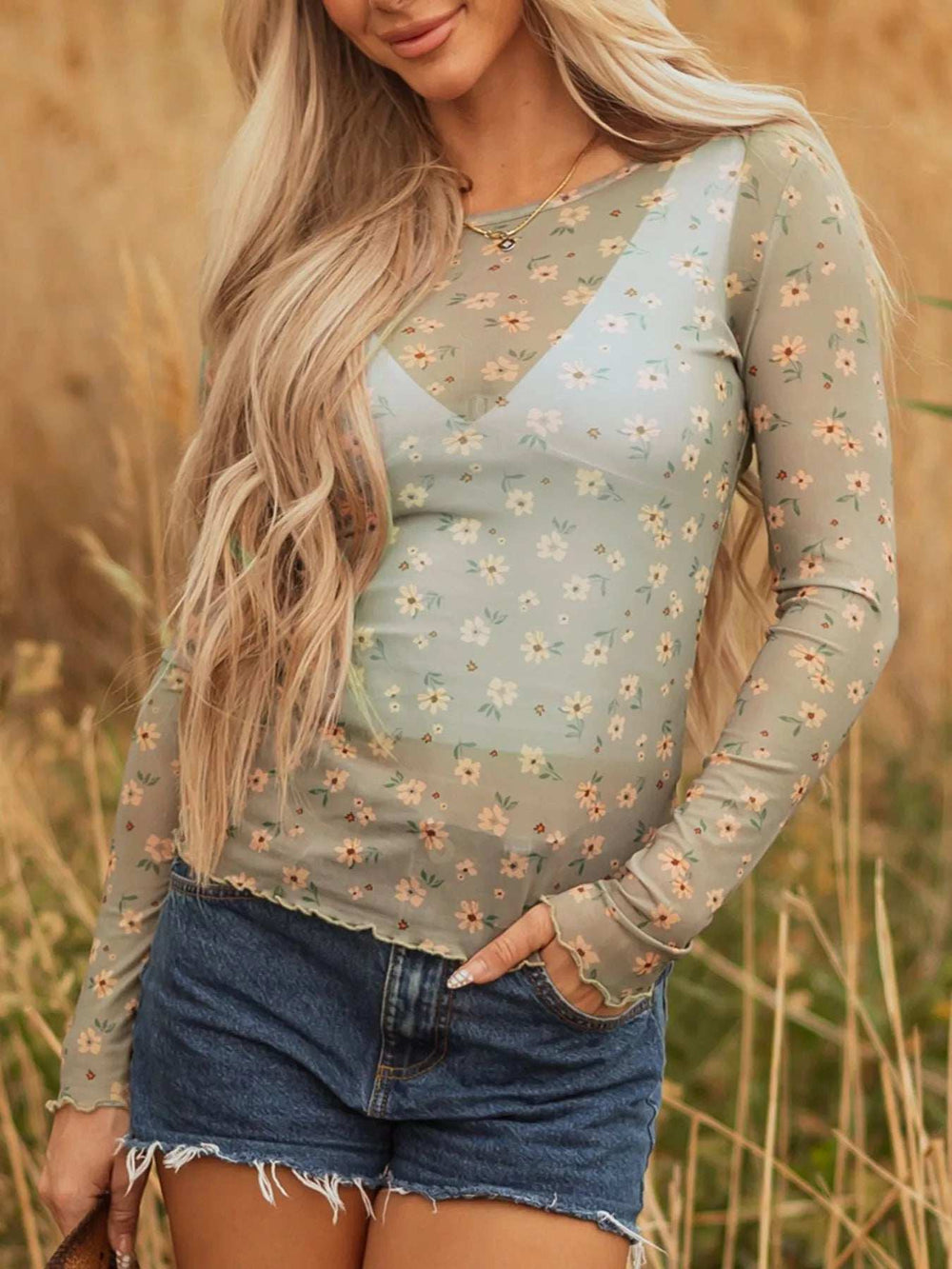 Floral Print Mesh Long Sleeve Top - Trendsi - Flyclothing LLC