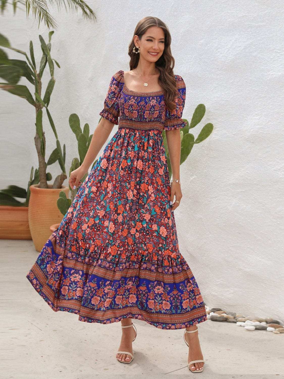 Floral Flounce Sleeve Midi Dress - Trendsi - Flyclothing LLC