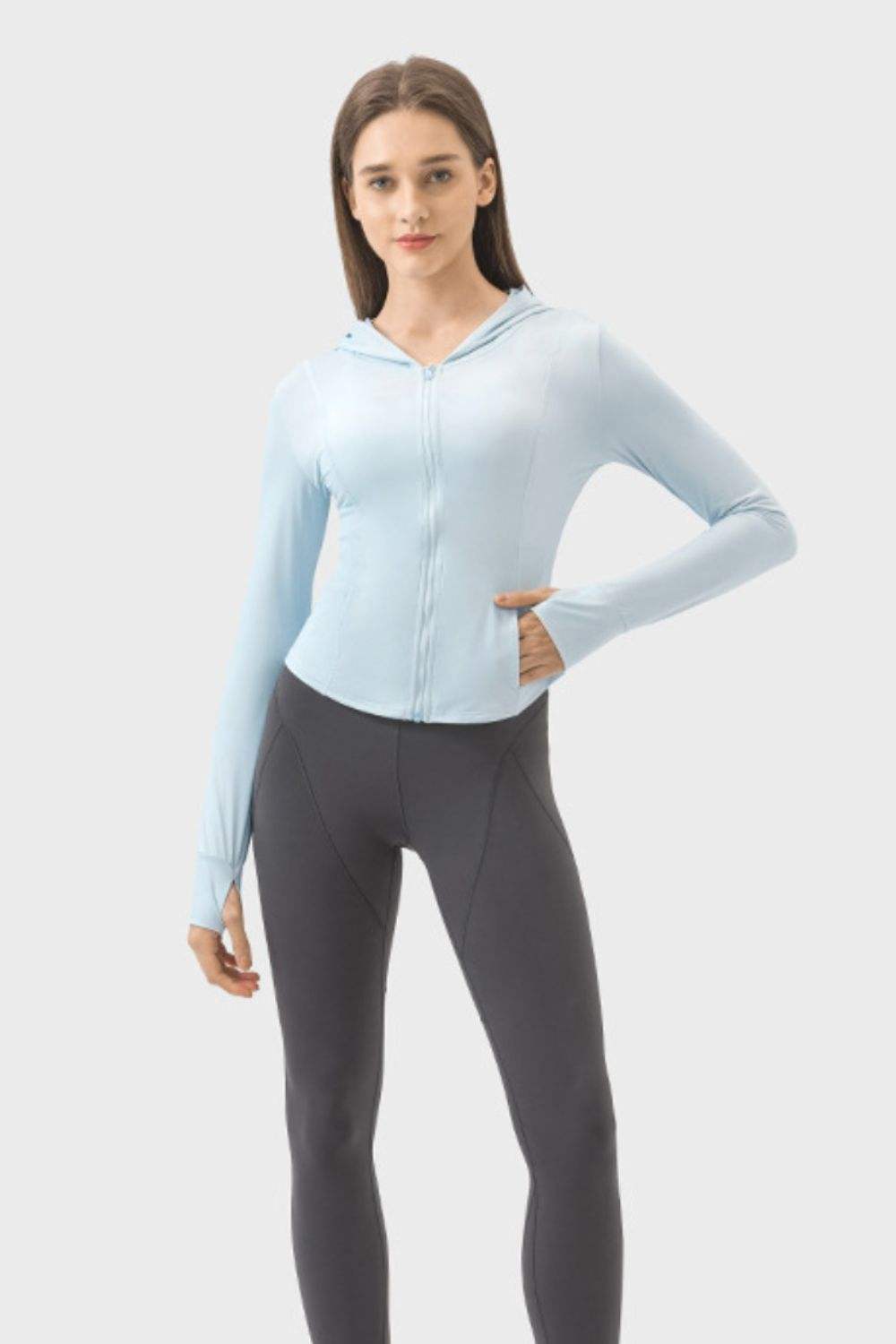 Pocketed Zip Up Hooded Long Sleeve Active Outerwear - Trendsi - Flyclothing LLC