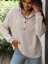 Waffle Knit Button Detail Hoodie - Trendsi - Flyclothing LLC