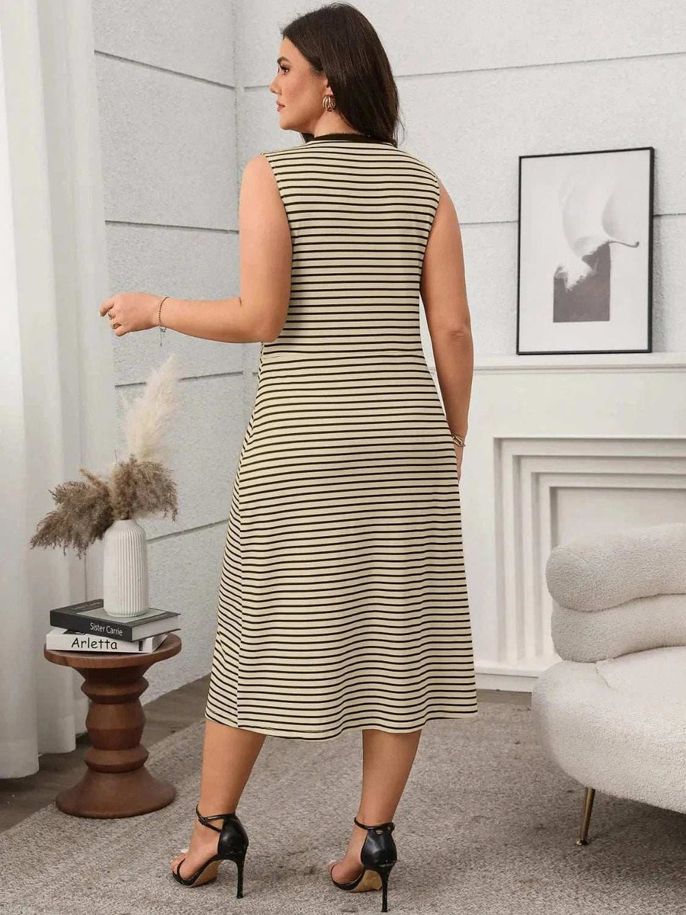 Striped Round Neck Sleeveless Midi Tank Dress - Trendsi - Flyclothing LLC