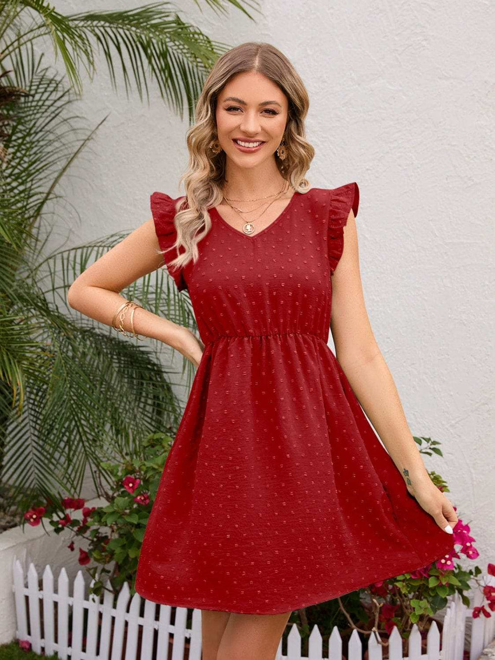 Swiss Dot Ruffled V-Neck Dress - Trendsi - Flyclothing LLC