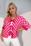 Double Take Tied Checkered Dropped Shoulder Flounce Sleeve Cardigan - Trendsi