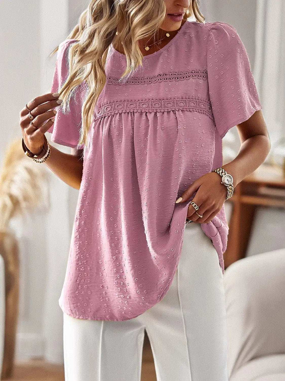 Lace Detail Round Neck Short Sleeve Blouse - Trendsi - Flyclothing LLC