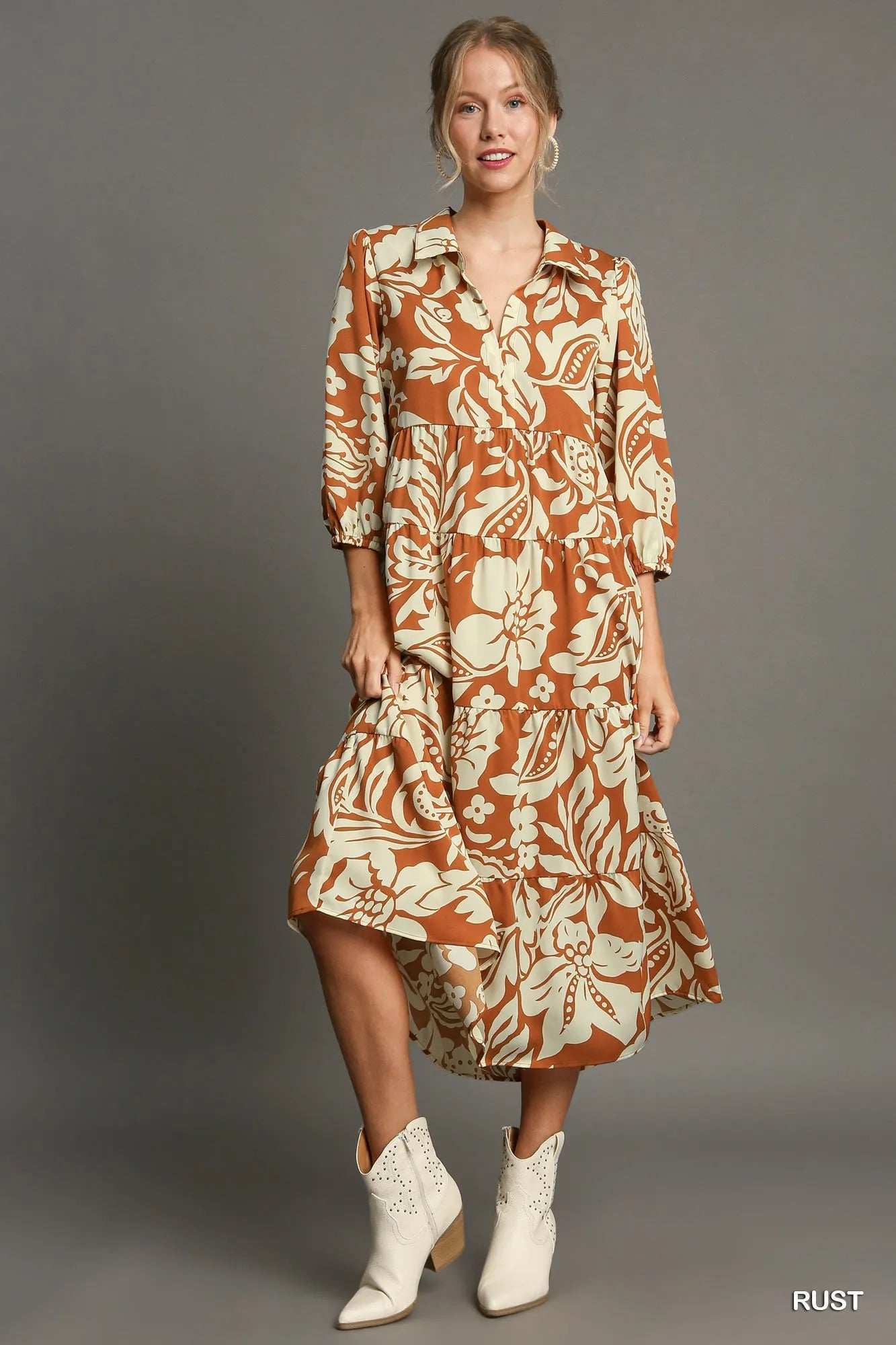 Umgee Full Size Floral Tiered Midi Shirt Dress Plus Size - Trendsi - Flyclothing LLC