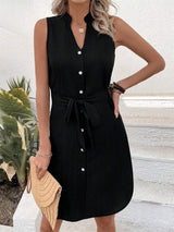 Tied Buttoned Up Notched Sleeveless Dress - Trendsi - Flyclothing LLC