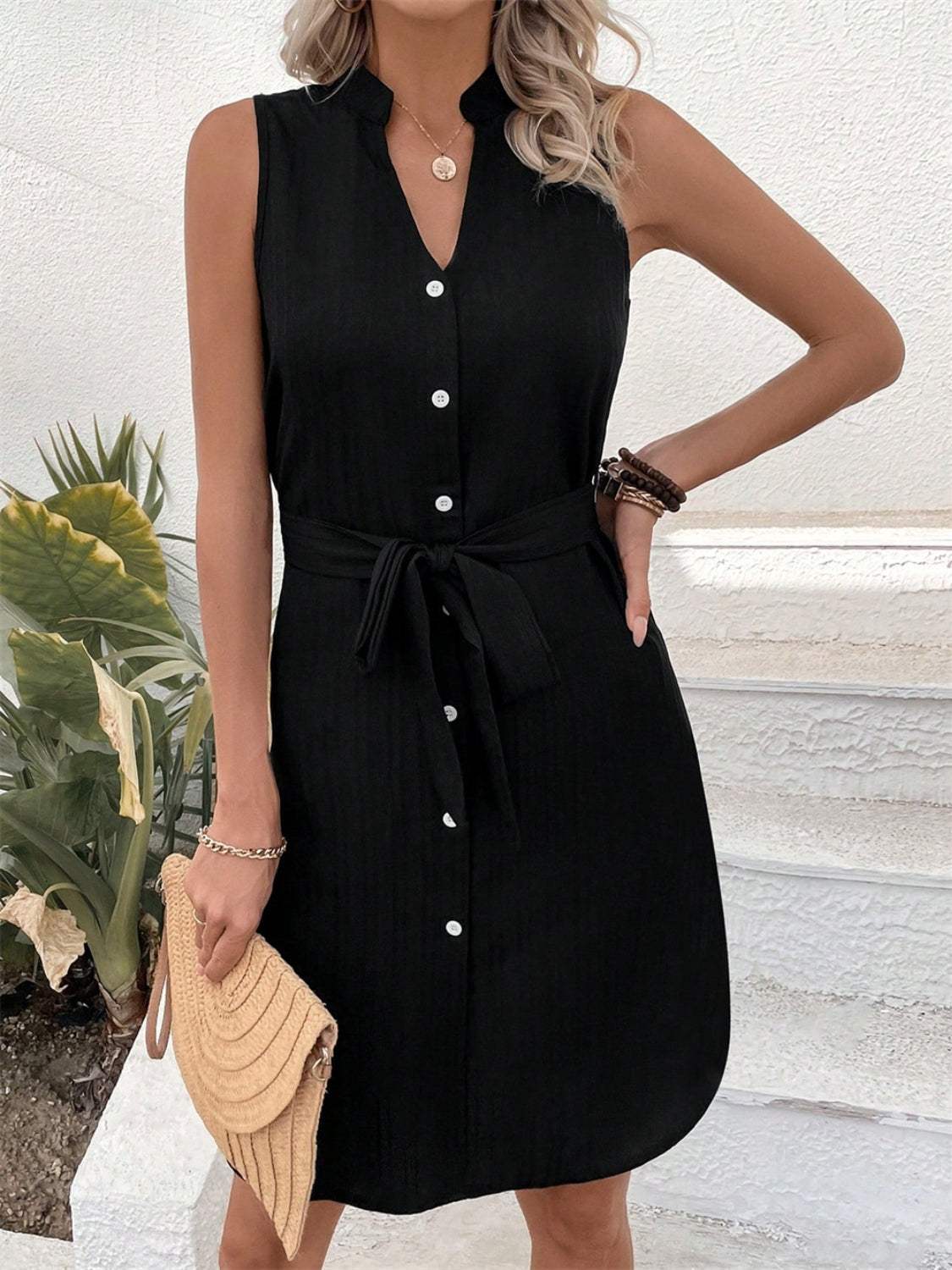 Tied Buttoned Up Notched Sleeveless Dress - Trendsi - Flyclothing LLC