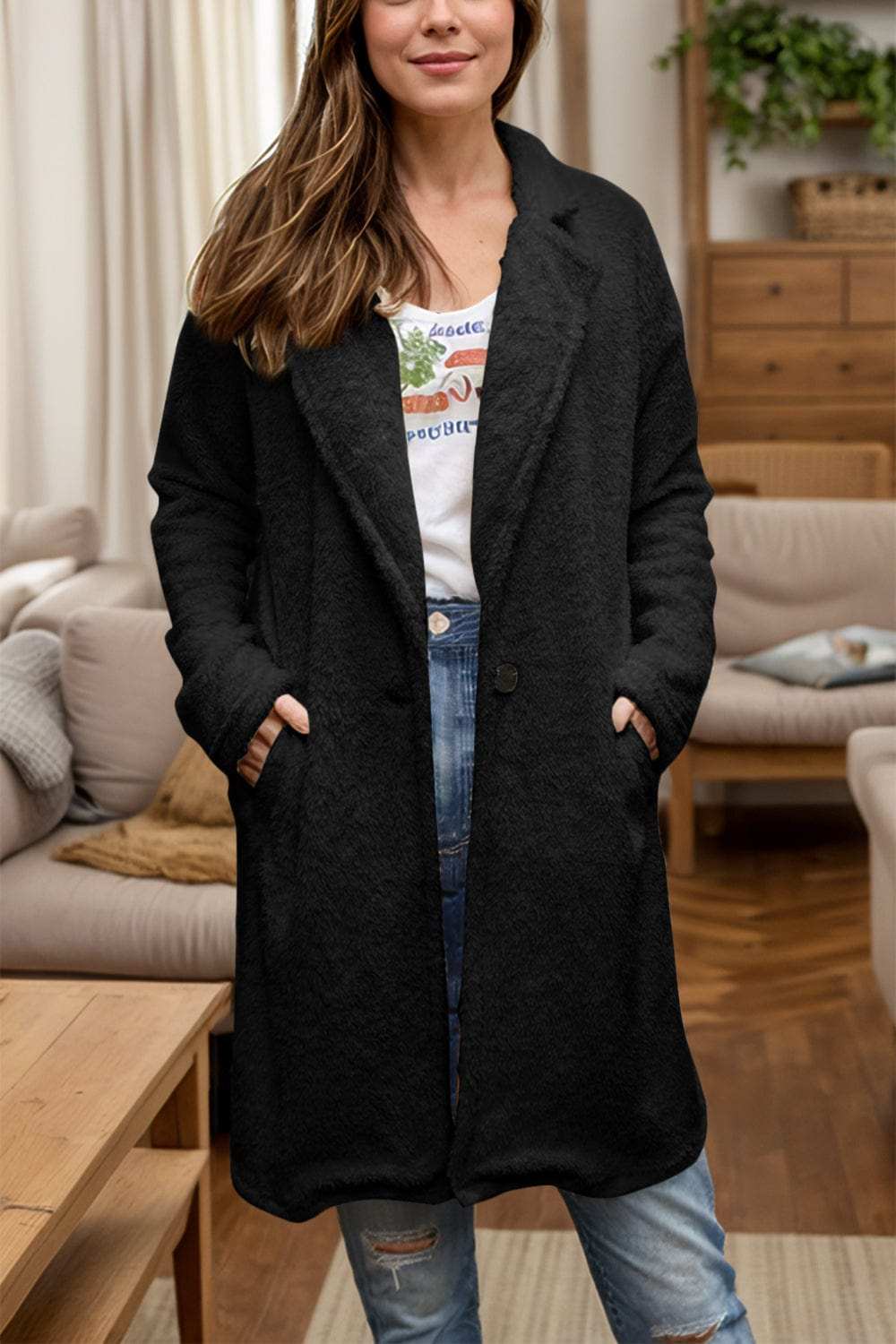 Full Size One Button Long Sleeve Longline Plush Coat - Trendsi - Flyclothing LLC