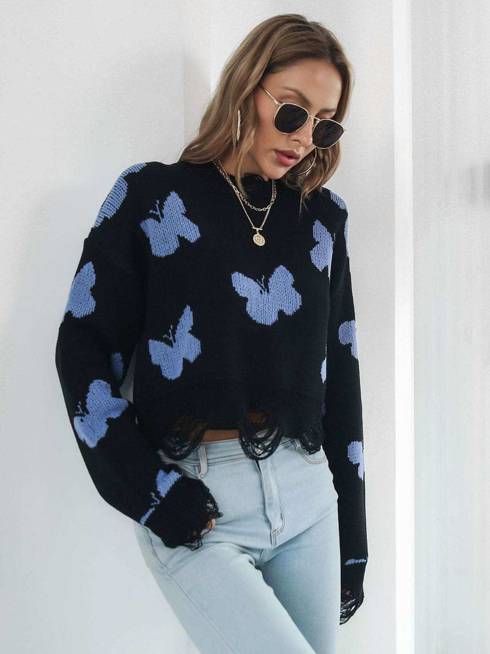 Distressed Butterfly Cropped Sweater - Trendsi - Flyclothing LLC
