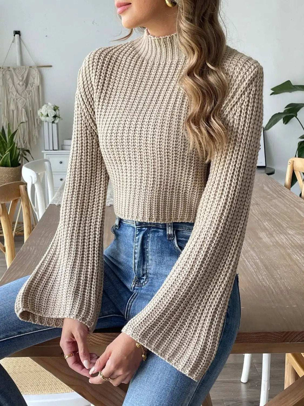 Mock Neck Long Sleeve Sweater - Trendsi - Flyclothing LLC