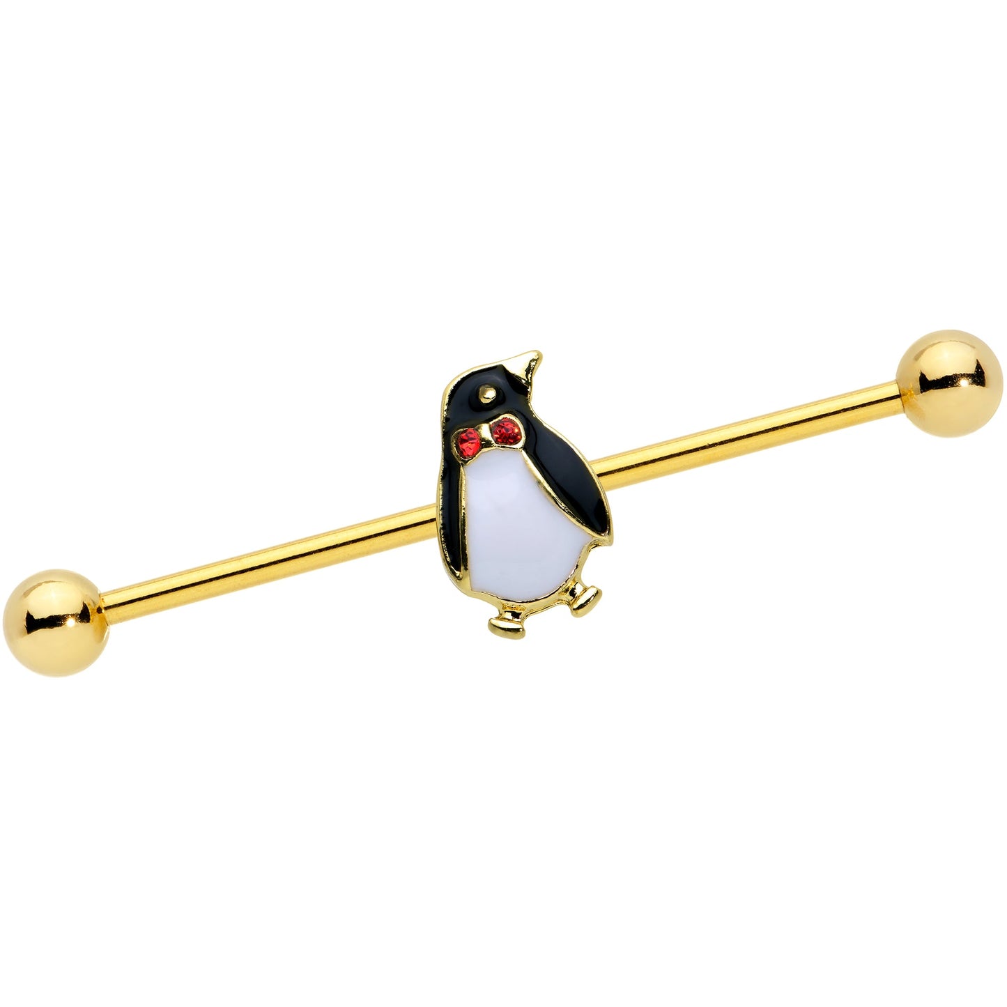 14G Red Gem Gold Tone Bow Tie Penguin Industrial Barbell 38mm - BodyCandy - Flyclothing LLC