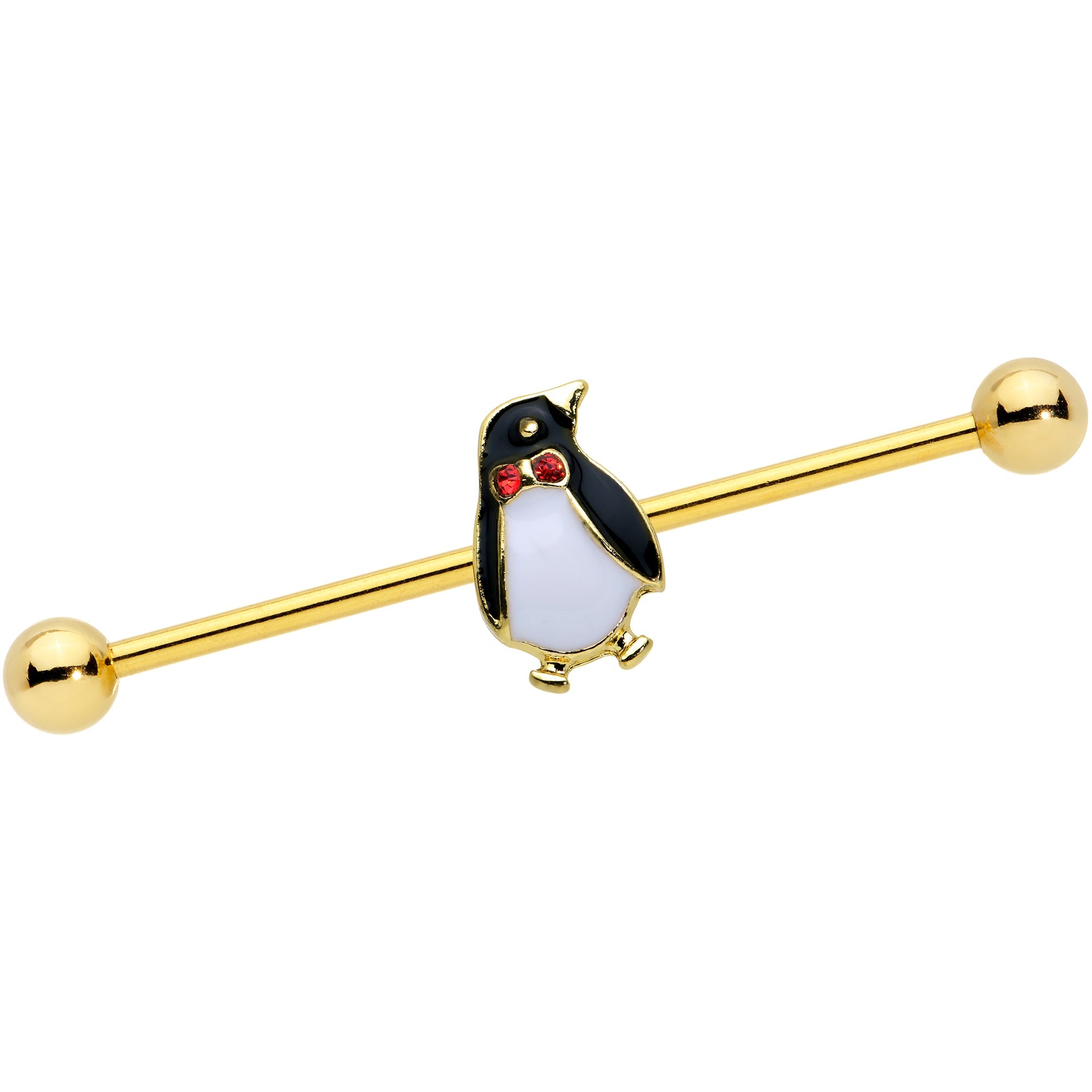14G Red Gem Gold Tone Bow Tie Penguin Industrial Barbell 38mm - BodyCandy - Flyclothing LLC