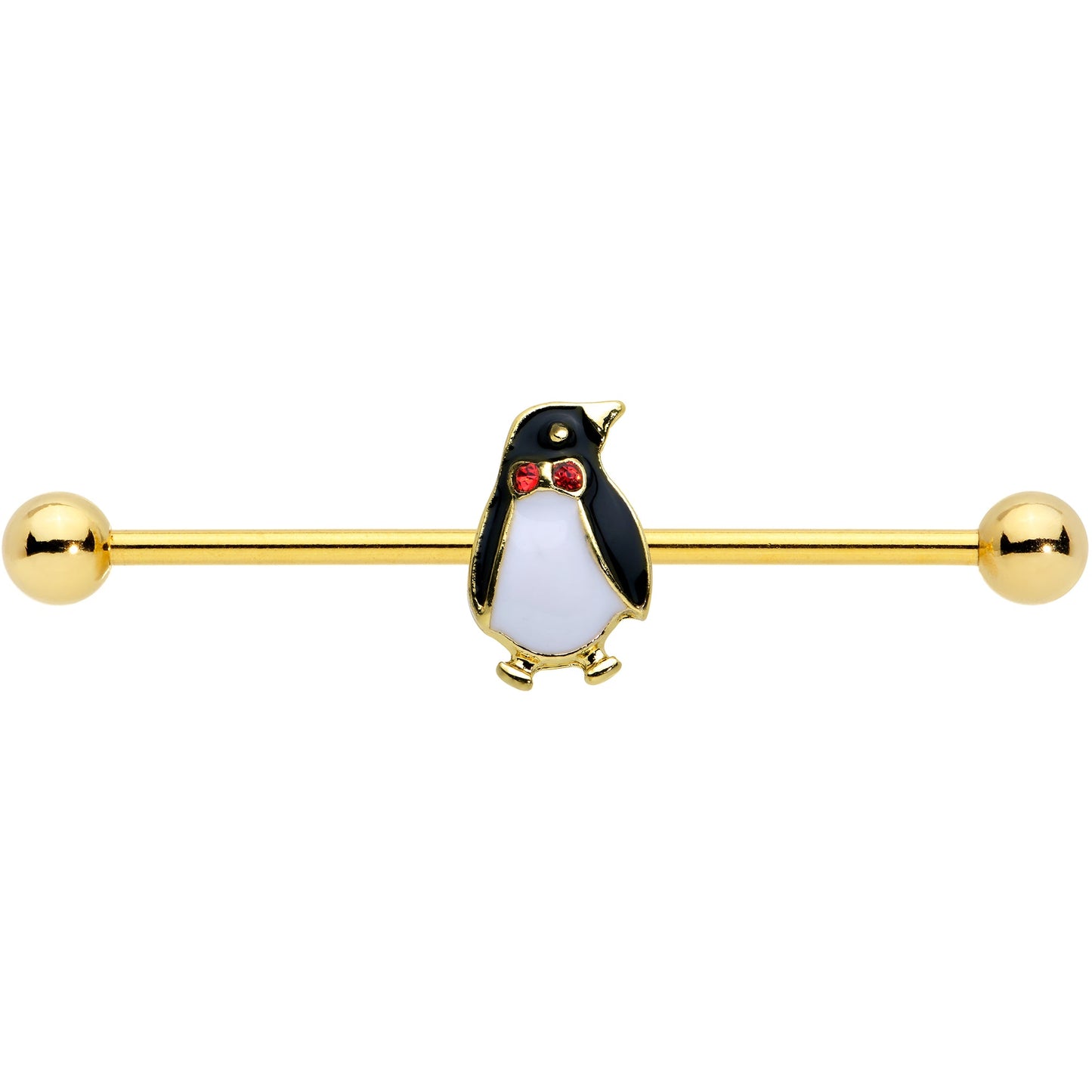 14G Red Gem Gold Tone Bow Tie Penguin Industrial Barbell 38mm - BodyCandy - Flyclothing LLC