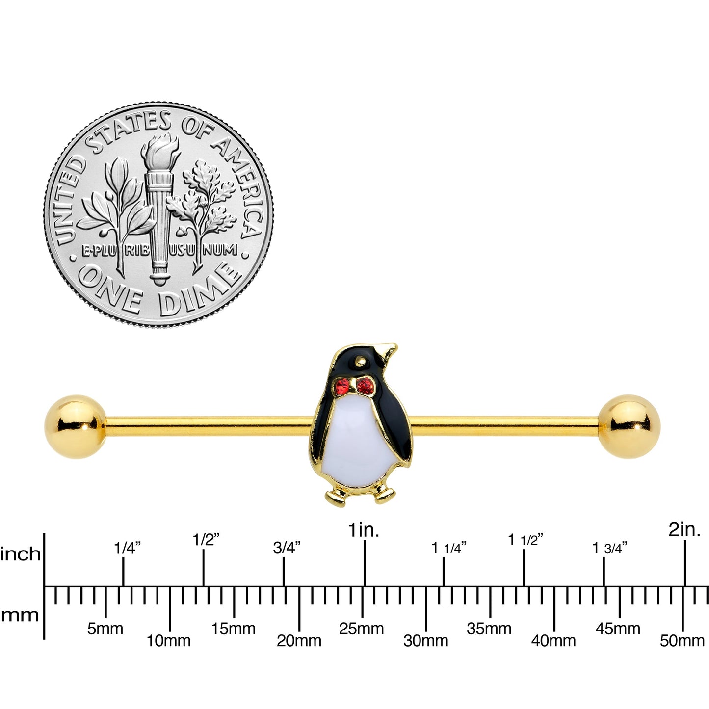 14G Red Gem Gold Tone Bow Tie Penguin Industrial Barbell 38mm - BodyCandy - Flyclothing LLC