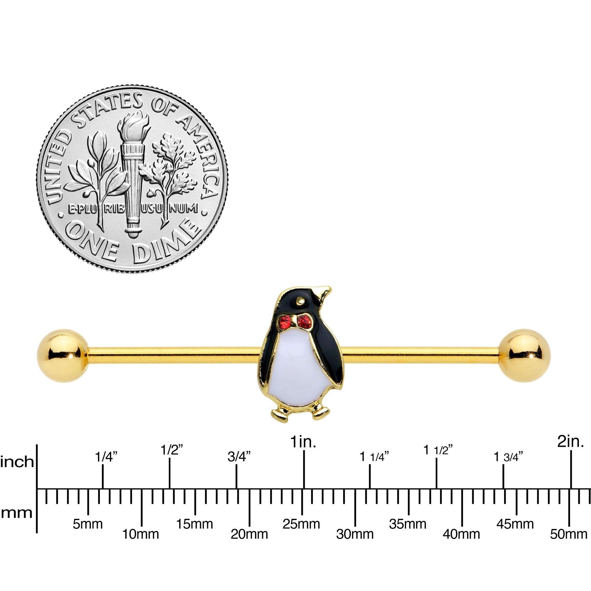 14G Red Gem Gold Tone Bow Tie Penguin Industrial Barbell 38mm - BodyCandy - Flyclothing LLC