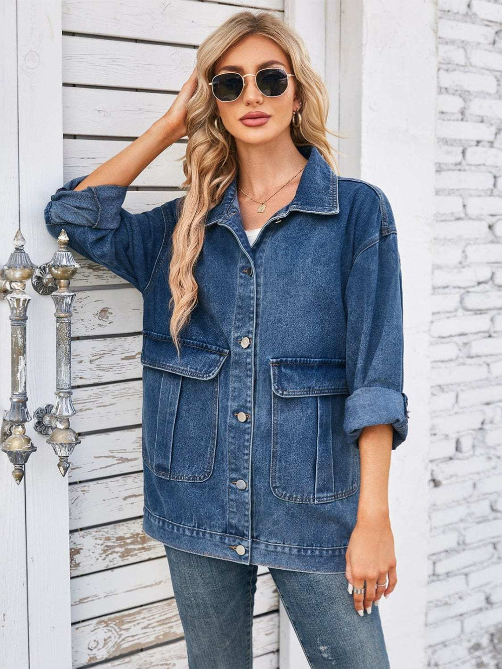 Button Up Long Sleeve Denim Jacket - Trendsi - Flyclothing LLC