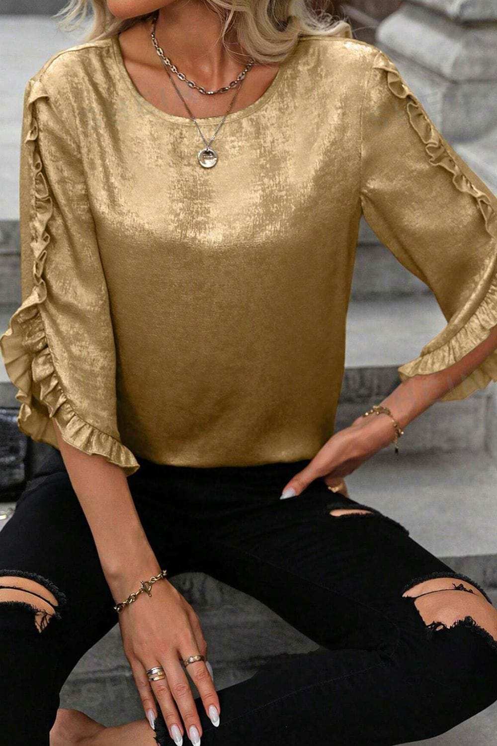 Metallic Luster Round Neck Frill 3/4 Sleeve Blouse - Trendsi - Flyclothing LLC