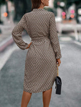 Tied Printed Notched Balloon Sleeve Dress - Trendsi - Flyclothing LLC