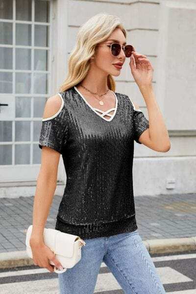 Sequin Crisscross V-Neck Cold Shoulder Blouse - Trendsi - Flyclothing LLC