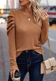 Decorative Button Round Neck Puff Sleeve Blouse - Trendsi