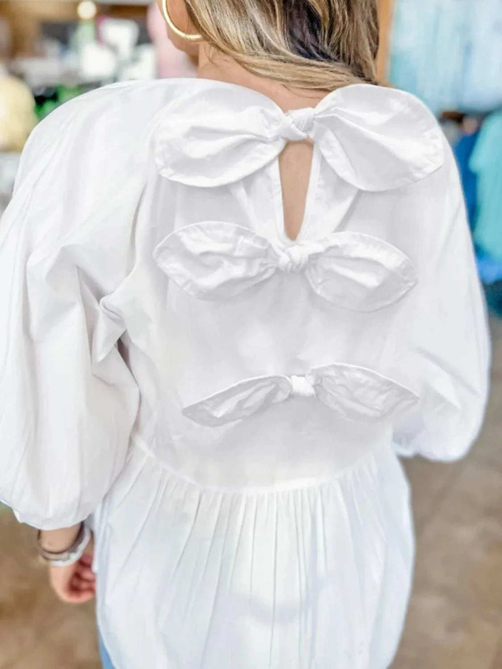 Bow Round Neck Three-Quarter Sleeve Blouse - Trendsi - Flyclothing LLC