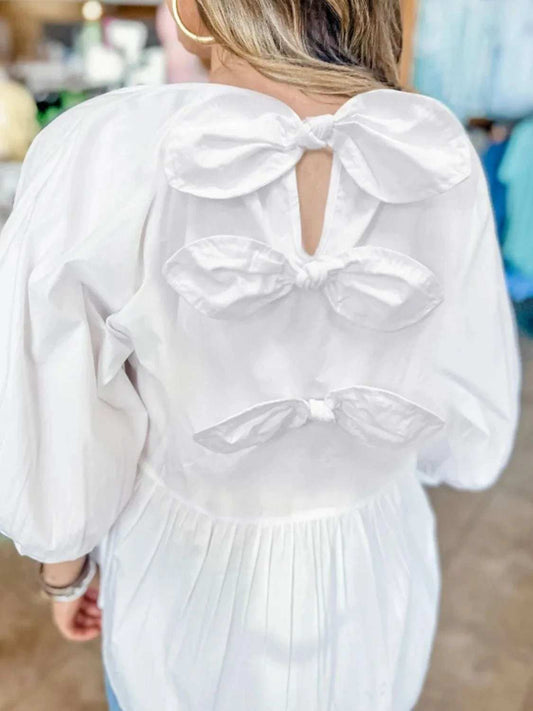 Bow Round Neck Three-Quarter Sleeve Blouse - Trendsi - Flyclothing LLC