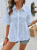 Eyelet Solid Collared Neck Half Sleeve Shirt - Trendsi - Flyclothing LLC
