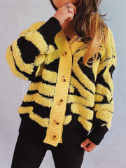 Contrast Button Up Long Sleeve Cardigan - Trendsi
