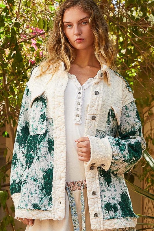 POL Jacquard Patch Collared Neck Quilted Jacket - Trendsi