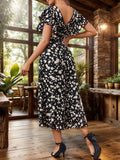 Printed Round Neck Flutter Sleeve Midi Dress - Trendsi