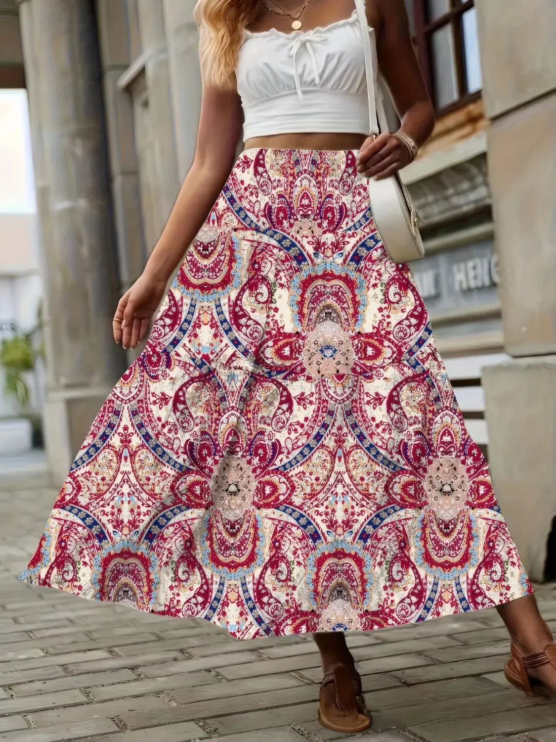 Smocked Printed High Waist Skirt - Trendsi - Flyclothing LLC