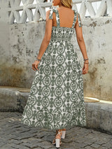 Smocked Slit Printed Tie Shoulder Dress - Trendsi - Flyclothing LLC