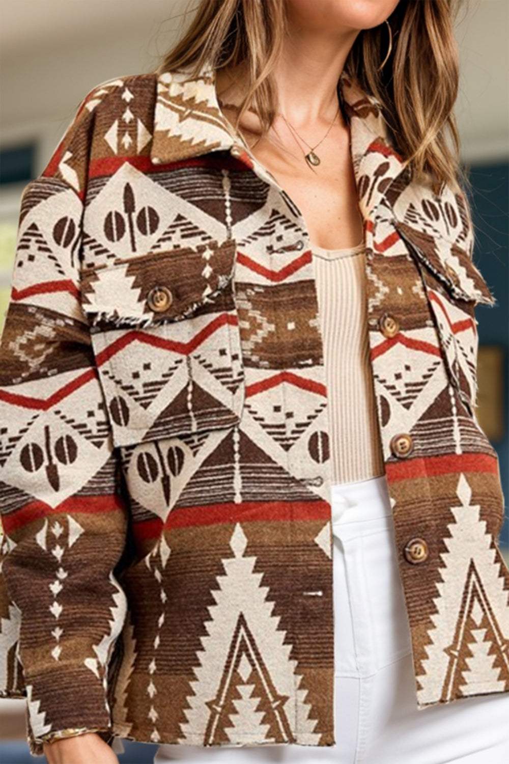 Geometric Button Up Long Sleeve Jacket - Trendsi - Flyclothing LLC