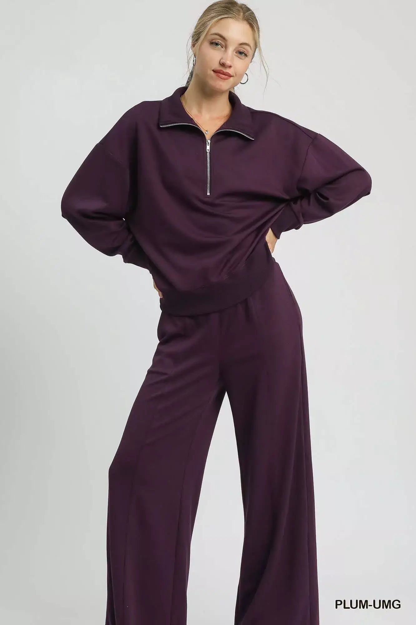 Umgee Half Zip Drop Shoulder Sweatshirt - Trendsi - Flyclothing LLC