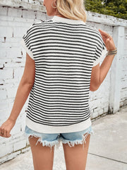 Lovelet Striped Round Neck Cap Sleeve Sweater - Trendsi